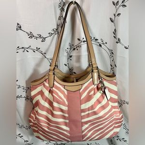 Pre-Owned Coach Devin Signature Pink/Ivory Zebra Stripe Large Shoulder Bag